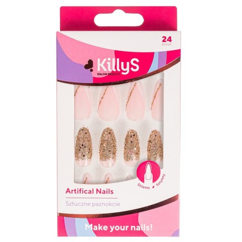 Artifical Nails sztuczne paznokcie Stiletto Golden Glitter French 24szt