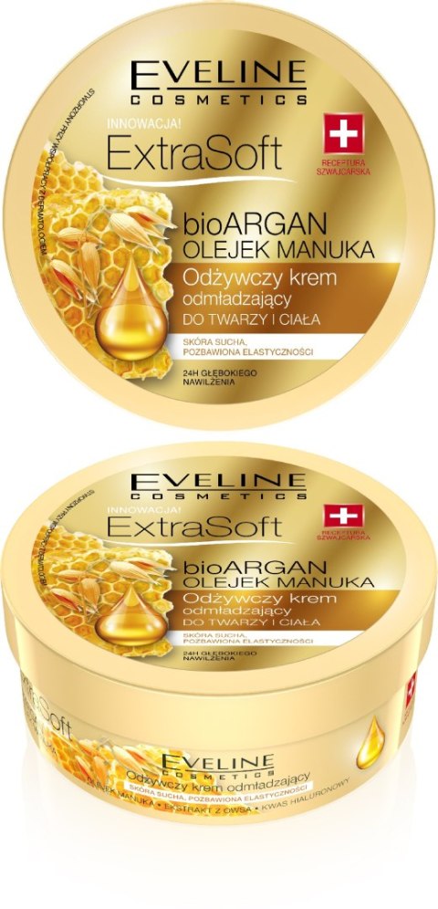 EVELINE Extra Soft bio Argan i Olejek Manuka Odżywczy krem odmładzający do twarzy i ciała 175 ml EVELINE Extra Soft bio Argan i Olejek Manuka Odżywczy krem odmładzający do twarzy i ciała 175 ml