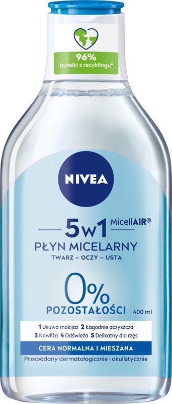 NIVEA MicellAIR Płyn micelarny do demakijażu 5w1 - cera normalna i mieszana 400 ml NIVEA MicellAIR Płyn micelarny do demakijażu 5w1 - cera normalna i mieszana 400 ml