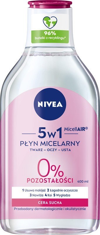 NIVEA MicellAIR Płyn micelarny do demakijażu 5w1 - cera sucha 400 ml NIVEA MicellAIR Płyn micelarny do demakijażu 5w1 - cera sucha 400 ml