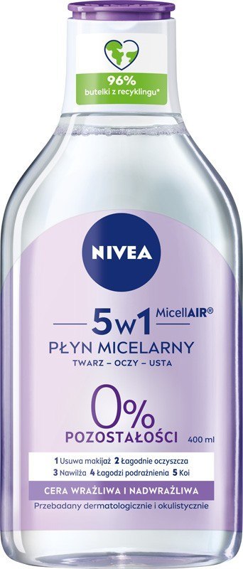 NIVEA MicellAIR Płyn micelarny do demakijażu 5w1 - cera wrażliwa i nadwrażliwa 400 ml NIVEA MicellAIR Płyn micelarny do demakijażu 5w1 - cera wrażliwa i nadwrażliwa 400 ml