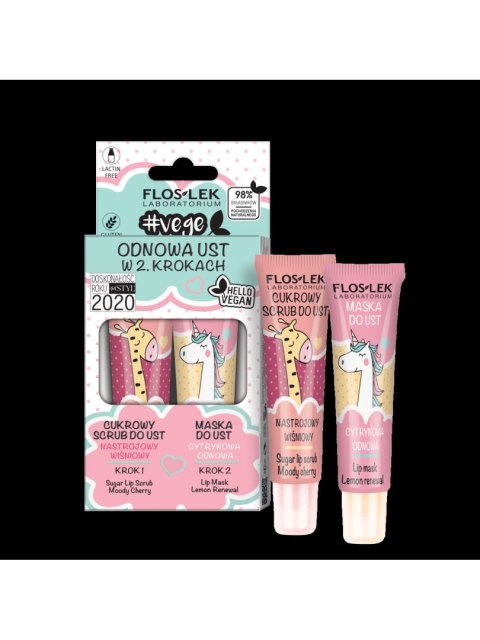 Floslek VEGE LIP CARE ZESTAW Odnowa ust w 2 krokach (Cukrowy scrub nastrojowy wiśniowy + Maska do ust cytrynowa odnowa) 2x14g