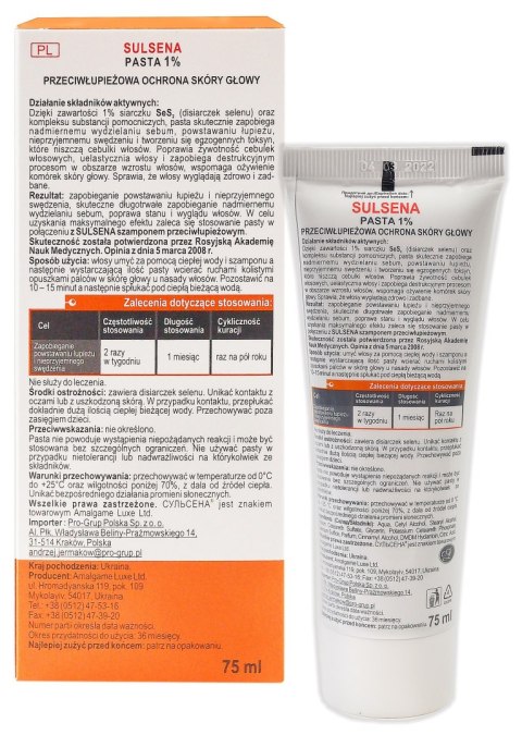 SULSENA Pasta 1%- przeciwłupieżowa ochrona skóry głowy 75ml SULSENA Pasta 1%- przeciwłupieżowa ochrona skóry głowy 75ml