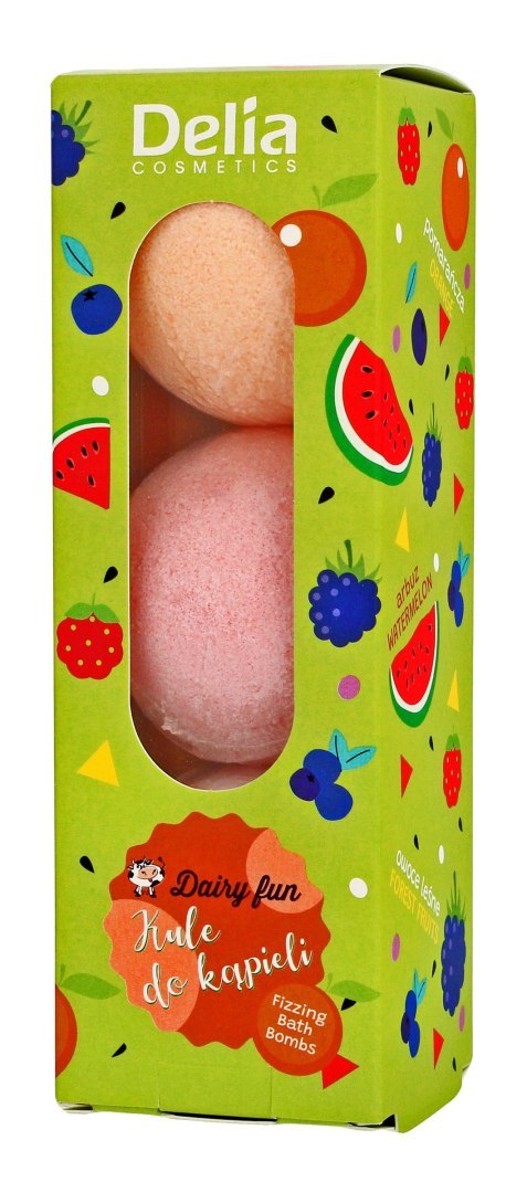 DELIA DAIRY FUN Musujące kule do kąpieli Pomarańcza Arbuz Owoce Leśne 3x100g DELIA DAIRY FUN Musujące kule do kąpieli Pomarańcza Arbuz Owoce Leśne 3x100g