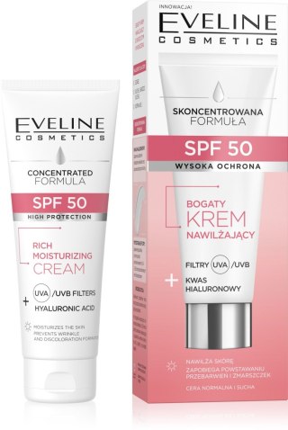 EVELINE SPF 50 Bogaty Krem nawilżający Filtry+Kwas Hialuronowy do cery normalnej i suchej 30 ml