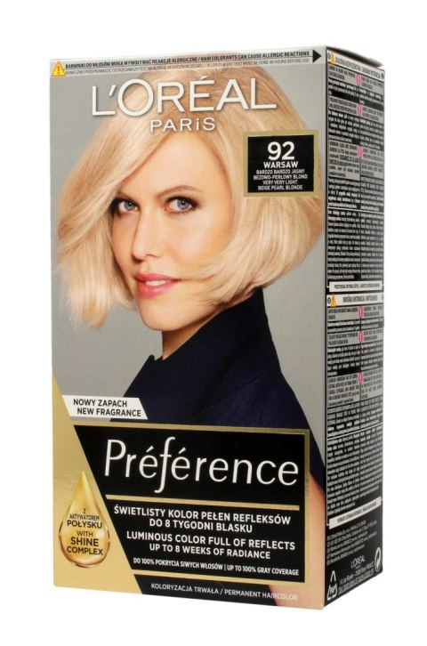 Loreal Preference Farba do włosów nr 92 Warsaw - bardzo bardzo jasny beżowo-perłowy blond 1op. Loreal Preference Farba do włosów nr 92 Warsaw - bardzo bardzo jasny beżowo-perłowy blond 1op.