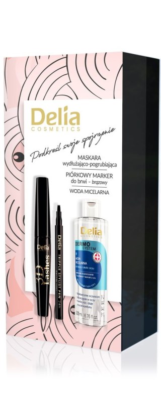 DELIA Zestaw Makeup 3 Woda micelarna + Mascara + Marker do brwi