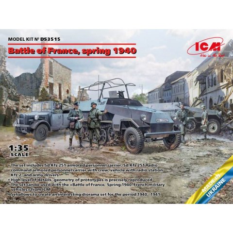 ICMDS3515 Battle of France, spring 1940. German combat vehicles (Sd.Kfz.251/1 Ausf.A, Sd.Kfz.251/6 Ausf.A, le.gl.Einheitz-Pkw Kf