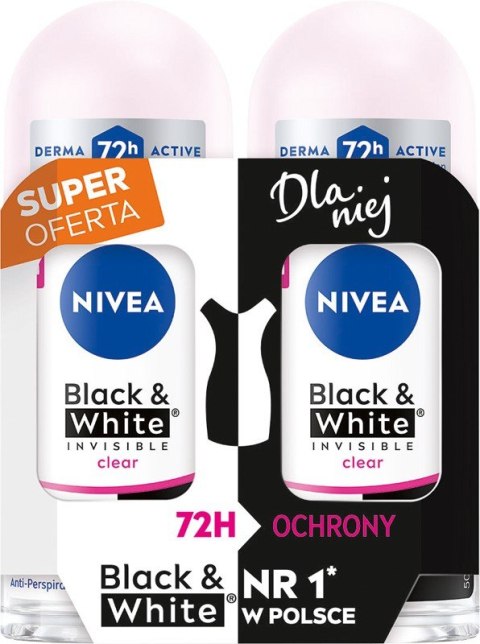 NIVEA Antyperspirant damski w kulce DUO Black & White Invisible Clear 2x50 ml