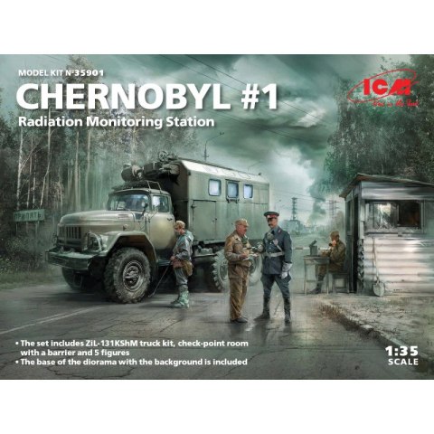 ICM 35901 Chernobyl #1 Radiation monitoring station (ZiL-131KShM truck & 5 figures & diorama base with background) 1/35