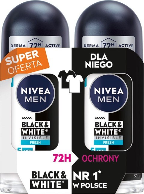 NIVEA MEN Antyperspirant w kulce DUO Black & White Invisible Fresh 2x50 ml