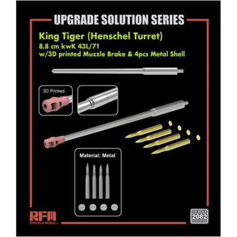 RFM 2082 King Tiger 8,8 cm kwK 43L/71 Metal Barrel w/ 3D Printed Muzzle Brake & 4 pcs Metal Shell