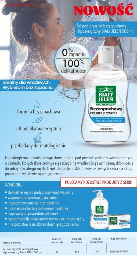 BIAŁY JELEŃ Żel pod prysznic bezzapachowy hipoalergiczny 500 ml BIAŁY JELEŃ Żel pod prysznic bezzapachowy hipoalergiczny 500 ml
