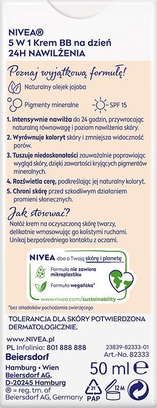 NIVEA 24H Nawilżenia Krem BB 5w1 na dzień - odcień jasny 50 ml