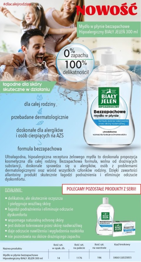 BIAŁY JELEŃ Mydło w płynie bezzapachowe hipoalergiczne 300 ml BIAŁY JELEŃ Mydło w płynie bezzapachowe hipoalergiczne 300 ml