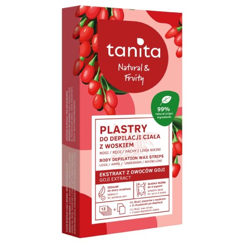 TANITA Natural & Fruity Plastry do depilacji ciała z woskiem - z ekstraktem z owoców Goji 12 sztuk (6x2)+ 2 chusteczki po depi