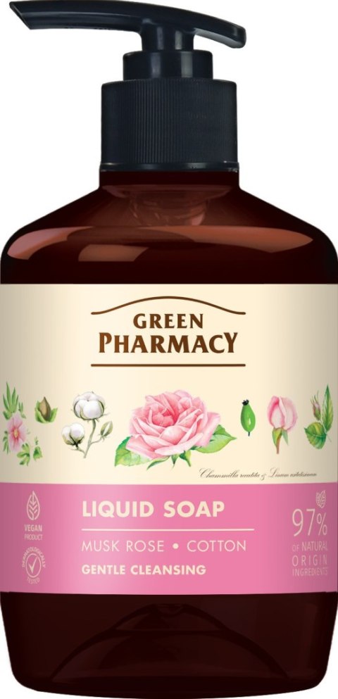 GREEN PHARMACY Mydło w płynie Róża piżmowa + Bawełna 460 ml GREEN PHARMACY Mydło w płynie Róża piżmowa + Bawełna 460 ml