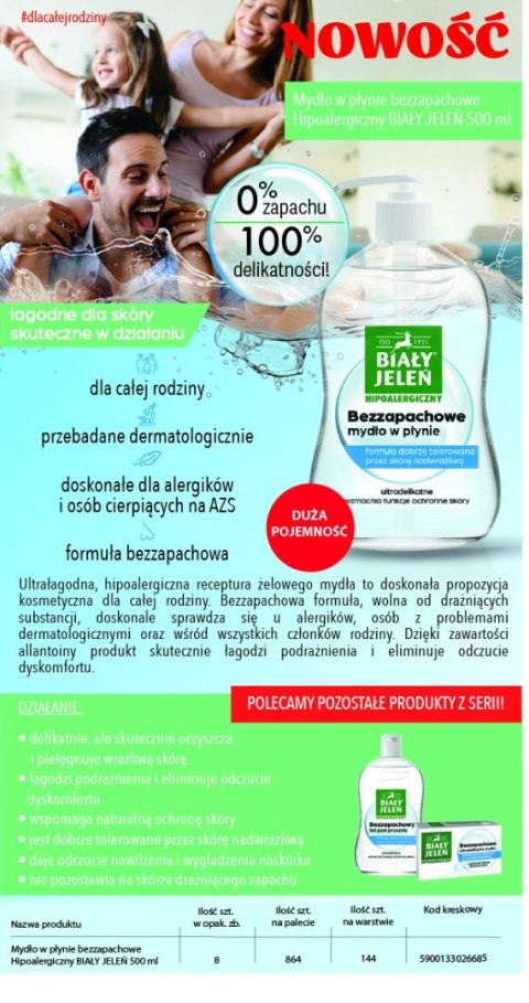 POL BIAŁY JELEŃ Mydło w pł. bezzap. Hipoaler 500ml POL BIAŁY JELEŃ Mydło w pł. bezzap. Hipoaler 500ml