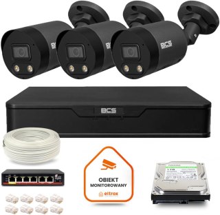 Zestaw monitoringu IP BCS Point 3x Kamera BCS-P-TIP28FWR3L2-Ai2-G Rejestrator z dyskiem