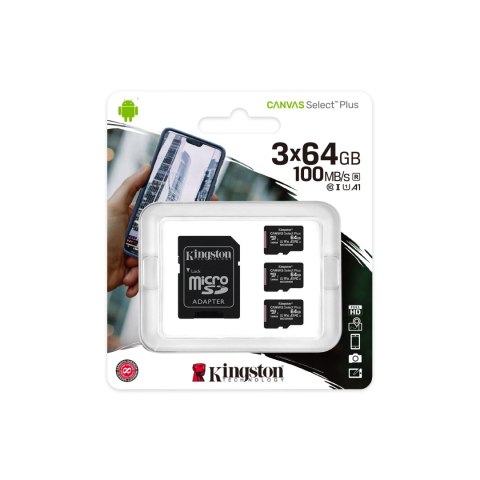KINGSTON 64GB micSDHC Canvas Select Plus 3 pack + SD adapter + plastic box SDCS2/64GB-3P1A