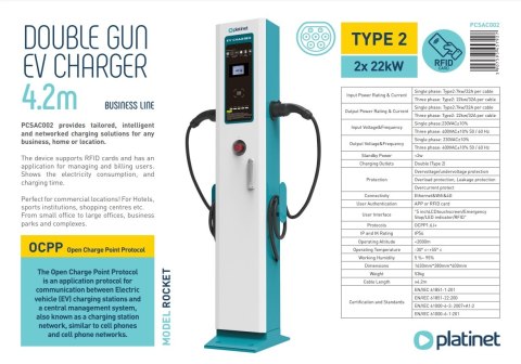 PLATINET STACJA ŁADOWANIA SAMOCHODÓW EV/PHEV AC TYPE 2 2x22KW DOUBLE GUN CHARGER BUSINESS LINE [45792]