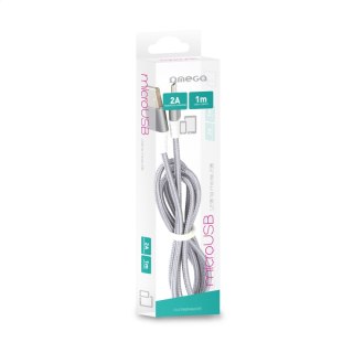 OMEGA FABRIC CABLE KABEL BRAIDED MICRO USB TO USB 2A COPPER 1M SILVER [44261]