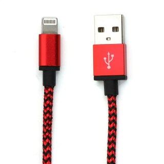 OMEGA LIGHTNING TO USB FABRIC BRAIDED CABLE KABEL 2A 1M POLYBAG RED-BLACK [44822]