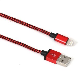 OMEGA LIGHTNING TO USB FABRIC BRAIDED CABLE KABEL 2A 1M POLYBAG RED-BLACK [44822]