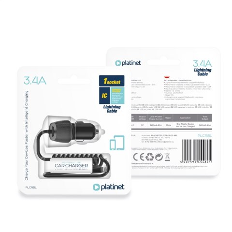 PLATINET CAR CHARGER ŁADOWARKA SAMOCHODOWA SPIRAL 15W 3.4A USB-A + LIGHTNING CABLE KABEL [45484]