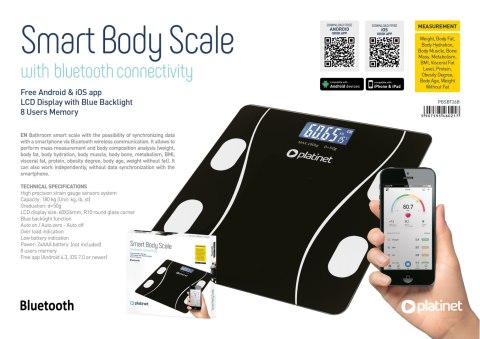 PLATINET WAGA BATHROOM SMART BODY SCALE 180KG 26X26CM WITH APP BLUETOOTH BLACK 46021