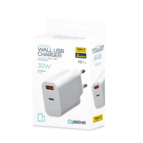 PLATINET WALL CHARGER ŁADOWARKA SIECIOWA 30W USB-C PD + USB-A [45481]