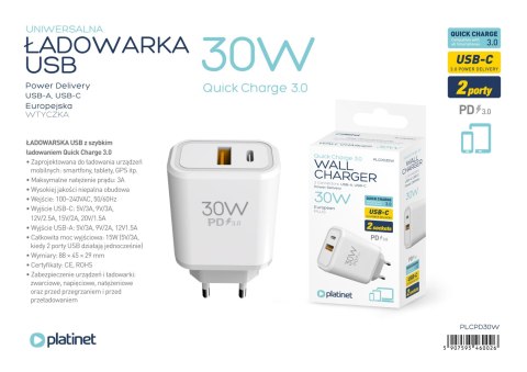 PLATINET WALL CHARGER ŁADWARKA SIECIOWA 30W PD USB-C + USB-A WHITE [46002]