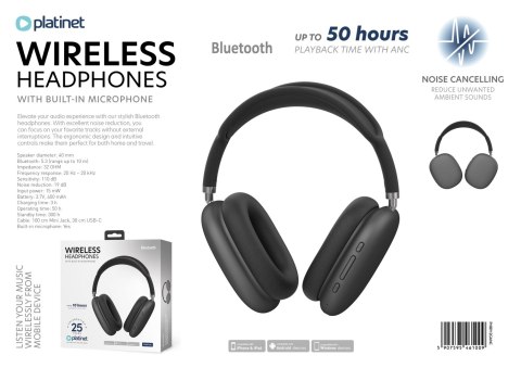 PLATINET WIRELESS HEADPHONES ANC + ENC SŁUCHAWKI BEZPRZEWODOWE BLUETOOTH NAUSZNE SLIM STYLE GREY [46100]