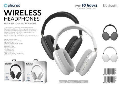 PLATINET WIRELESS HEADPHONES SŁUCHAWKI BEZPRZEWODOWE BLUETOOTH NAUSZNE SLIM STYLE SILVER-WHITE [46099]