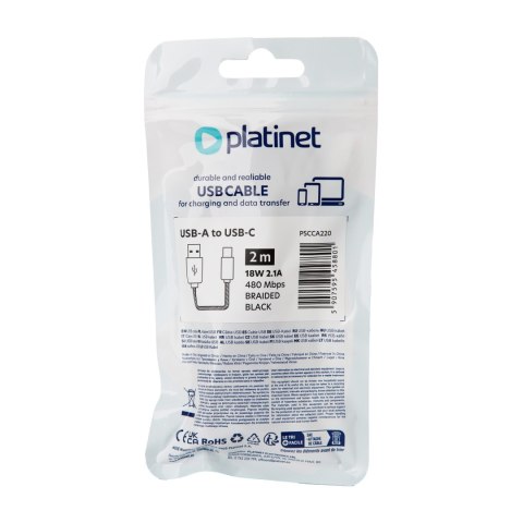 PLATINET CABLE BRAIDED KABEL W OPLOCIE USB-A TO USB-C 18W 2.1A 2M BLACK [45880]