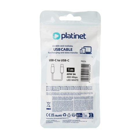 PLATINET CABLE KABEL USB-C TO USB-C 60W 3A LED 1M WHITE [45889]