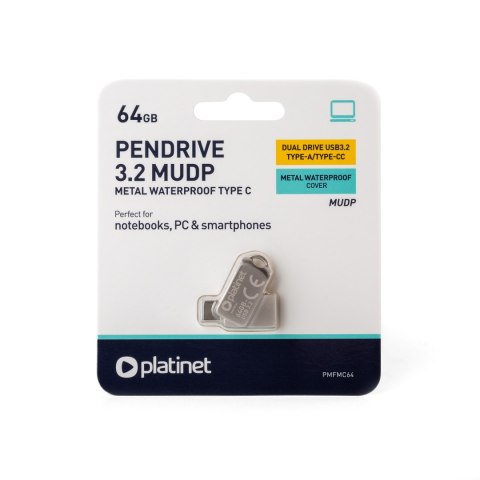 PLATINET PENDRIVE 2IN1 USB-A 3.2 + USB-C 64GB METAL UDP WATERPROOF [45971]