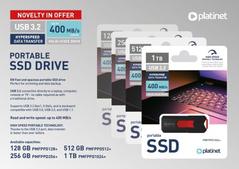 PLATINET PORTABLE SSD DRIVE USB 3.2 UP TO 400MB/s 1TB BLACK [46160]