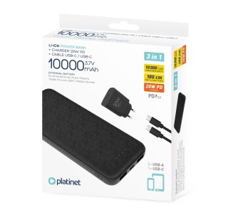 PLATINET POWER BANK 10000 mAh + CHARGER 20W PD + CABLE USB-C 1M 3IN1 SET BLACK [45993]