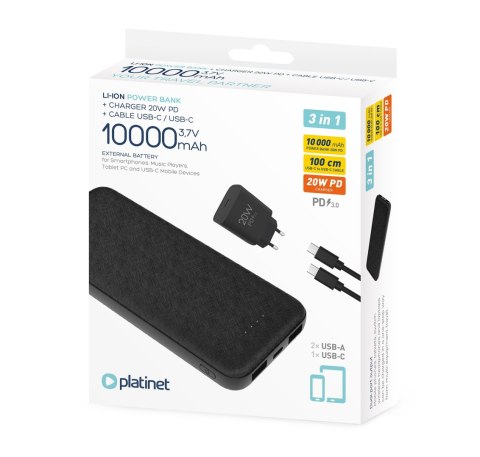 PLATINET POWER BANK 10000 mAh + CHARGER 20W PD + CABLE USB-C 1M 3IN1 SET BLACK [45993]