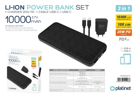 PLATINET POWER BANK 10000 mAh + CHARGER 20W PD + CABLE USB-C 1M 3IN1 SET BLACK [45993]
