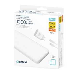 PLATINET POWER BANK 10000 mAh + CHARGER 20W PD + CABLE USB-C 1M 3IN1 SET WHITE [45998]