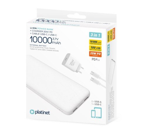 PLATINET POWER BANK 10000 mAh + CHARGER 20W PD + CABLE USB-C 1M 3IN1 SET WHITE [45998]