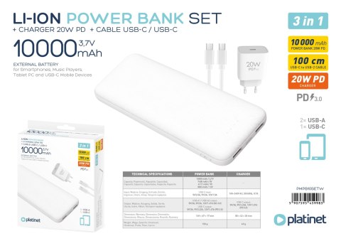 PLATINET POWER BANK 10000 mAh + CHARGER 20W PD + CABLE USB-C 1M 3IN1 SET WHITE [45998]