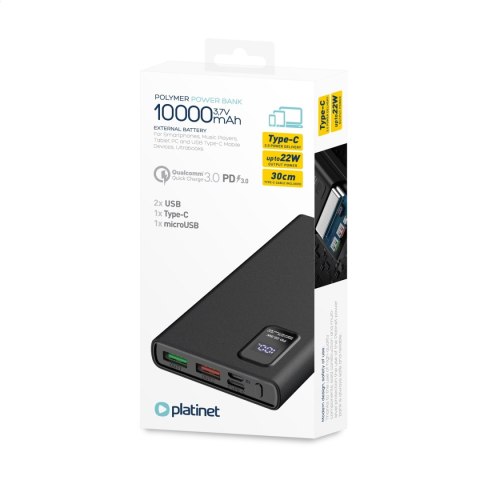 PLATINET POWER BANK 10000 mAh Polymer PD 20W QC 3.0 LED Screen Black [45726]