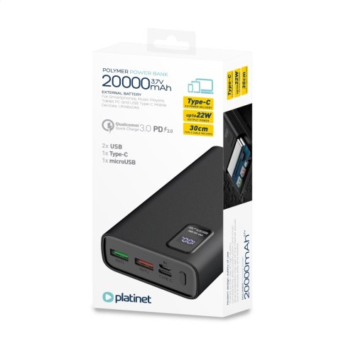 PLATINET POWER BANK 20000 mAh 20W PD QC + CABLE USB-C 1M POLYMER LED SCREEN BLACK [45728]