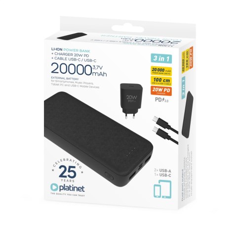 PLATINET POWER BANK 20000 mAh + CHARGER 20W PD + CABLE USB-C 1M 3IN1 SET BLACK [46219]