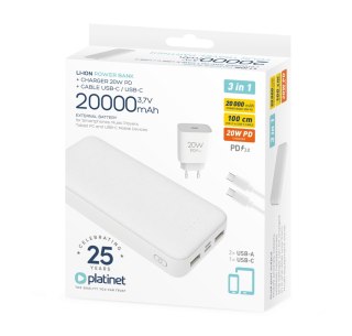 PLATINET POWER BANK 20000 mAh + CHARGER 20W PD + CABLE USB-C 1M 3IN1 SET WHITE [46220]