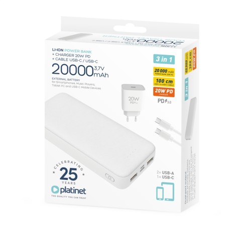 PLATINET POWER BANK 20000 mAh + CHARGER 20W PD + CABLE USB-C 1M 3IN1 SET WHITE [46220]