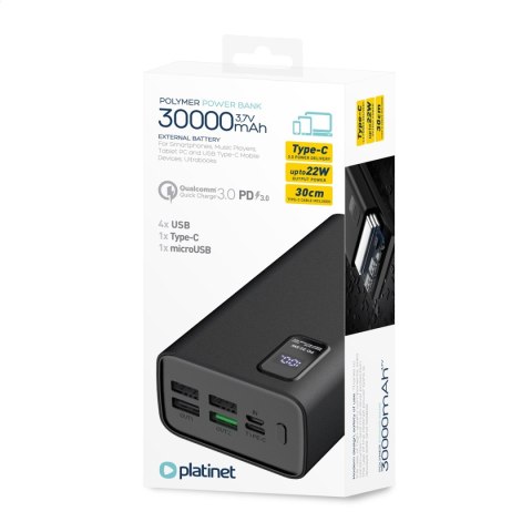 PLATINET POWER BANK 30000 mAh 20W PD QC + CABLE USB-C POLYMER LED SCREEN BLACK [45729]